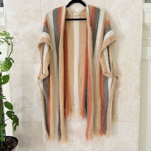 Kori America Beige Striped Fuzzy Fringe Open Cardigan Small EUC